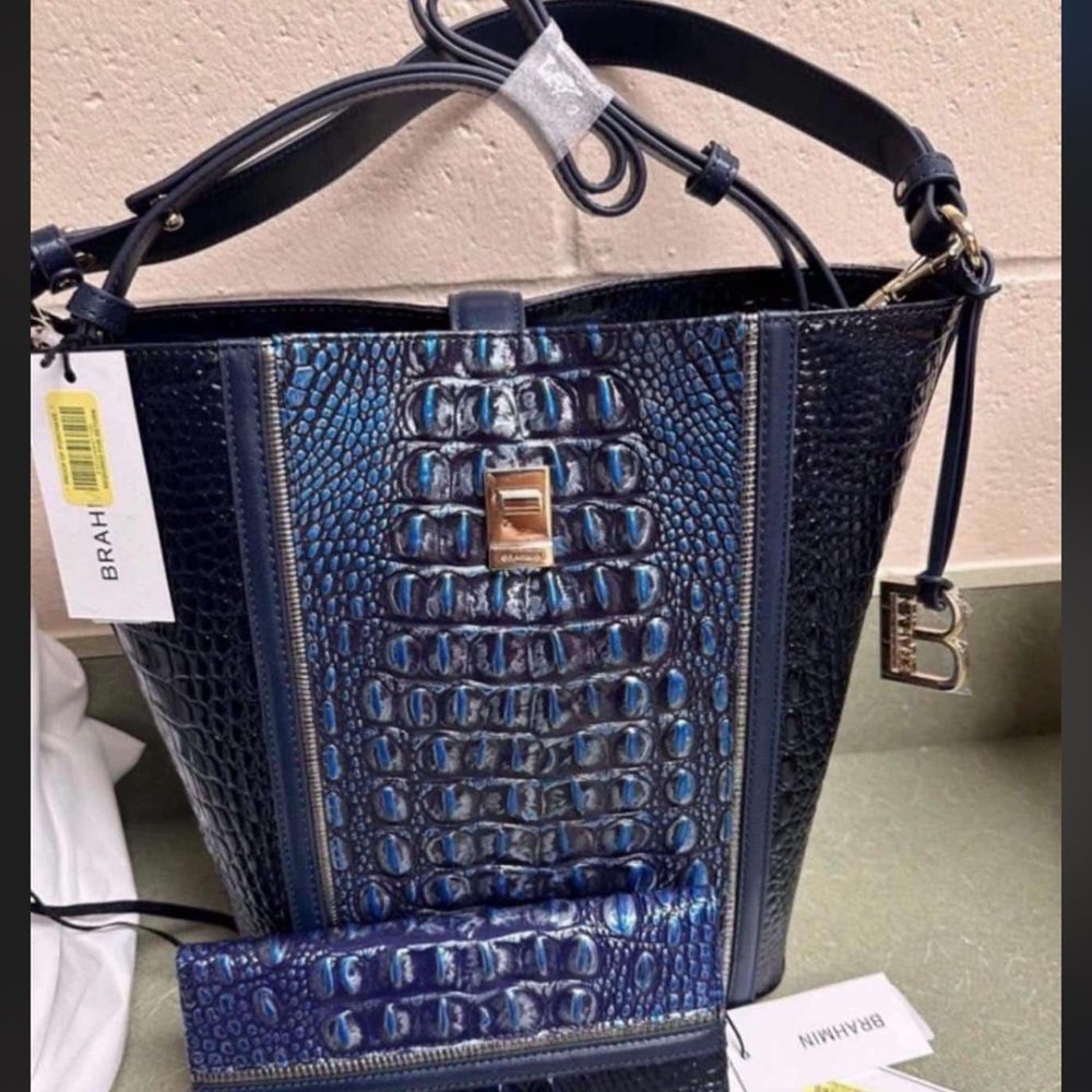 Brahmin Blue Textured Shoulder Bag with Glossy Finish